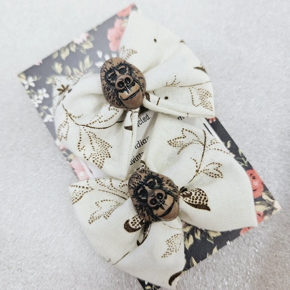 Handmade Girls Gorilla Mini Hair Bow Set Bobby Pin Brown Floral Bows